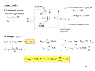 Autre exemple :
                                      R1=10Ω
Régulateur de tension
                                                   .
                                                   C
                                                       IDz
                                                                                DZ = diode Zener avec |VZ|=9,4V
                                                                                          Imin = 1 mA
                                                                  IC
Transistor de puissance                   DZ
                                                                                            charge: RL = 25Ω
   hFE = h fe = 50
   hoe   −1
              ~∞
                            Ve =               B   .   IR2
                                                              T
                                                                       RL
                                                                            Vs =VS + vs
                            15 ± 2V
                                          R2
                                                                                          ondulation résiduelle
                                        = 500Ω
                                                                            composante
                                                                            continue

En statique : Ve = 15V
                                                        0.6
VD ≈ VZ et VBE ≈0.6V → VS ≈ 10 V          I R2 =            = 1,2mA              I C = I R1 − I DZ − I RL = 0.1 − I Dz
                                                        500
                                                                                                et
                                                             10                                                I
        V − VS                              I RL =              = 0.4 A          I Dz = I R2 + I B = 0.0012 + C
→ I R1 = e     = 0.5 A                                       RL                                                h fe
           R1

                                                              I
                          ⇒ I DZ ≈ 3mA , I C ≈ 97 mA et I B = C ≈ 2mA
                                                             hFE

                                                                                                           95
 