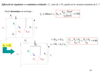 Efficacité de régulation ↔ ondulation résiduelle : Ve varie de ± 2V, quelle est la variation résultante de Vs ?


     Etude dynamique du montage :                                                    h fe ⋅ 25mV
                                                           I c ≅ 100mA → hie ≅                      ≅ 13Ω
          R1                                                                             I E (mA)
                    .
                    C


               Rz
                         ib              RL         vs
ve
                         hie    hfeib
               R2

                               R1                                        (       )
                                                                     i = h fe + 1 ⋅ ib        vs Rz + hie Rz + hie
                                                                                                 =          ≅      ≈ 0.4Ω

 hie <<R2
                                                   .
                                                   C
                                                       i            vs = (Rz + hie )⋅ ib
                                                                                               i   h fe + 1   h fe


                                    Rz
                        ve                    ib               RL
                                                                    vs
                                              hie          hfeib




                                                                                                                 96
 