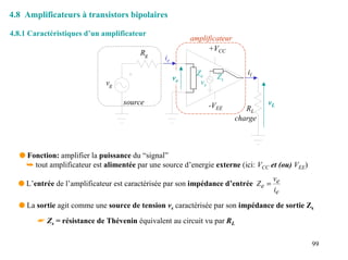4.8 Amplificateurs à transistors bipolaires

4.8.1 Caractéristiques d’un amplificateur
                                                          amplificateur
                                                               +VCC
                                        Rg
                                                ie

                                                           Ze                il
                                                     ve            Zs
                             vg                             vs

                                   source                        -VEE              vL
                                                                             RL
                                                                          charge



  q Fonction: amplifier la puissance du “signal”
    ➥ tout amplificateur est alimentée par une source d’energie externe (ici: VCC et (ou) VEE)
                                                                                 v
  q L’entrée de l’amplificateur est caractérisée par son impédance d’entrée Z e = e
                                                                                  ie

  q La sortie agit comme une source de tension vs caractérisée par son impédance de sortie Zs

        ☛ Zs = résistance de Thévenin équivalent au circuit vu par RL

                                                                                                 99
 