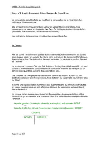 ANBDD NANTES Comptabilité générale
Page 10 sur 265
Cours n° 2 le suivi d’un compte Caisse, Banque…Le Grand-livre.
La comptabilité saisit les faits qui modifient la composition ou la répartition d’un
patrimoine d’une entreprise.
Elle enregistre des mouvements de valeur en utilisant l’unité monétaire. Ces
mouvements de valeur sont appelés des flux. On distingue plusieurs types de flux
(flux réels, flux monétaires, flux externes ou internes)
Les opérations de l’entreprise constituent un ensemble de flux
Le Compte
Afin de suivre l’évolution des postes du bilan et du résultat de l’exercice, est ouvert,
pour chaque poste, un compte du même nom. Instrument de classement fonctionnel,
il permet de suivre l’évolution d’un élément particulier du patrimoine ou d’un élément
de l’activité
Le nombre de comptes n’est pas fixé, il dépend du degré de détail souhaité ( un seul
compte d’immobilisations corporelles ou un compte de matériel de transport ou un
compte distinguant les camions des automobiles etc..)
Les comptes de charges peuvent être suivis par nature (loyers, achats) ou par
destination (frais de direction générale, frais d’atelier) ou subdivisés pour obtenir plus
de détail
Il donne une représentation numérique des augmentations ou diminutions traduites
en valeur monétaire qui ont soit affecté un élément du patrimoine soit contribué à
former le résultat
Le compte est un tableau dans lequel sont enregistrées les augmentations et les
diminutions qui surviennent aux postes du bilan à la suite des diverses opérations de
l’exercice :
la partie gauche d’un compte (réservée aux emplois) est appelée : DEBIT
la partie droite d’un compte (réservée aux ressources) est appelée : CREDIT
COMPTE
DEBITS CREDITS
 