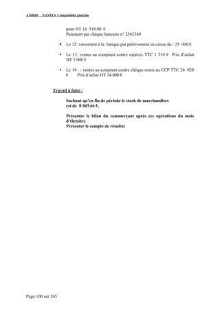 ANBDD NANTES Comptabilité générale
Page 100 sur 265
pour HT 16 518.00 €
Paiement par chèque bancaire n° 2565369
Le 12: versement à la banque par prélèvement en caisse de : 25 000 €
Le 13: ventes au comptant contre espèces TTC 1 214 € Prix d’achat
HT 2 000 €
Le 14 : : ventes au comptant contre chèque remis au CCP TTC 26 020
€ Prix d’achat HT 14 000 €
Travail à faire :
Sachant qu’en fin de période le stock de marchandises
est de 8 043.64 €,
Présenter le bilan du commerçant après ces opérations du mois
d’Octobre
Présenter le compte de résultat
 