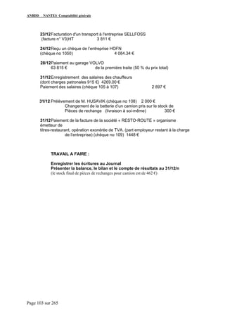 ANBDD NANTES Comptabilité générale
Page 103 sur 265
23/12Facturation d'un transport à l'entreprise SELLFOSS
(facture n° V3)HT 3 811 €
24/12Reçu un chèque de l’entreprise HOFN
(chèque no 1050) 4 084.34 €
28/12Paiement au garage VOLVO
63 815 € de la première traite (50 % du prix total)
31/12Enregistrement des salaires des chauffeurs
(dont charges patronales 915 €) 4269.00 €
Paiement des salaires (chèque 105 à 107) 2 897 €
31/12 Prélèvement de M. HUSAVIK (chèque no 108) 2 000 €
Changement de la batterie d’un camion pris sur le stock de
Pièces de rechange (livraison à soi-même) 300 €
31/12Paiement de la facture de la société « RESTO-ROUTE » organisme
émetteur de
titres-restaurant, opération exonérée de TVA. (part employeur restant à la charge
de l’entreprise) (chèque no 109) 1448 €
TRAVAIL A FAIRE :
Enregistrer les écritures au Journal
Présenter la balance, le bilan et le compte de résultats au 31/12/n
(le stock final de pièces de rechanges pour camion est de 462 €)
 