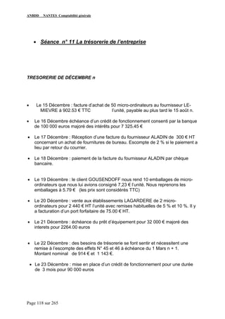 ANBDD NANTES Comptabilité générale
Page 118 sur 265
• Séance n° 11 La trésorerie de l’entreprise
TRESORERIE DE DÉCEMBRE n
• Le 15 Décembre : facture d’achat de 50 micro-ordinateurs au fournisseur LE-
MIEVRE à 902.53 € TTC l’unité, payable au plus tard le 15 août n.
• Le 16 Décembre échéance d’un crédit de fonctionnement consenti par la banque
de 100 000 euros majoré des intérêts pour 7 325.45 €
• Le 17 Décembre : Réception d’une facture du fournisseur ALADIN de 300 € HT
concernant un achat de fournitures de bureau. Escompte de 2 % si le paiement a
lieu par retour du courrier.
• Le 18 Décembre : paiement de la facture du fournisseur ALADIN par chèque
bancaire.
• Le 19 Décembre : le client GOUSENDOFF nous rend 10 emballages de micro-
ordinateurs que nous lui avions consigné 7,23 € l’unité. Nous reprenons les
emballages à 5.79 € (les prix sont considérés TTC)
• Le 20 Décembre : vente aux établissements LAGARDERE de 2 micro-
ordinateurs pour 2 440 € HT l’unité avec remises habituelles de 5 % et 10 %. Il y
a facturation d’un port forfaitaire de 75.00 € HT.
• Le 21 Décembre : échéance du prêt d’équipement pour 32 000 € majoré des
interets pour 2264.00 euros
• Le 22 Décembre : des besoins de trésorerie se font sentir et nécessitent une
remise à l’escompte des effets N° 45 et 46 à échéance du 1 Mars n + 1.
Montant nominal de 914 € et 1 143 €.
• Le 23 Décembre : mise en place d’un crédit de fonctionnement pour une durée
de 3 mois pour 90 000 euros
 