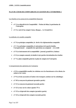 ANBDD NANTES Comptabilité générale
Page 3 sur 265
PLAN DU COURS DE COMPTABILITE ET GESTION DE L’ENTREPRISE 1
Les finalités et les acteurs de la comptabilité financière
•
• n° 1 Les objectifs de la Comptabilité – Notion de bilan, le patrimoine de
l’entreprise
•
• n° 2 Le suivi d’un compte Caisse, Banque… Le Grand-livre
La méthode et le modèle comptable
• n° 3 Les principes comptables, le droit et la réglementation comptable
• n° 4 Les principes comptables, le mécanisme de la partie double,
l’enregistrement comptable des opérations au comptant et à crédit
• n° 5 Les instruments de la comptabilité : journal, grand-livre, balance
• n° 6 Les comptes annuels, la double d atyt parties étermination du résultat.
• n° 7 Le plan comptable général, le plan de comptes de l’entreprise
L’enregistrement des opérations de l’entreprise
• n° 8 La comptabilité usuelle, les relations avec les fournisseurs et les clients, les
achats et les ventes
• n° 9 Les frais accessoires d’achat et de transport, notions sur les emballages
• n° 10 Les moyens de paiement (première partie)
• n° 11 Les moyens de paiement (seconde partie)
• n° 12 La taxe sur la valeur ajoutée TVA
• n° 13 La réciprocité des comptes (première partie)
• n° 14 La réciprocité des comptes (seconde partie)
 