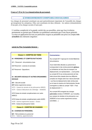 ANBDD NANTES Comptabilité générale
Page 50 sur 265
Cours n° 15 et 16 La rémunération du personnel.
L'ENREGISTREMENT COMPTABLE DES SALAIRES
Les charges de personnel constituent une part particulièrement importante de l’ensemble des charges
qu’enregistrent les entreprises. Elles sont constituées de deux éléments : les salaires (rémunérations)
d’une part, et les charges sociales d’autre part.
L’extrême complexité et la grande variété des cas possibles, ainsi que leur évolution
permanente ne permet pas d’aborder ces problèmes autrement que d’une façon générale.
La mise en application de tout cas particulier exigera au préalable une prise en compte très
actualisée des éléments singuliers
extrait du Plan Comptable Général :
Classe 4 : COMPTES DE TIERS
42 - PERSONNEL ET COMPTES RATTACHES
421 - Personnel - rémunérations dues
425 Personnel – avances et acomptes
427 Personnel - Oppositions
43 - SECURITE SOCIALE ET AUTRES ORGANISMES
SOCIAUX
431 - Sécurité sociale
437 Autres organismes sociaux
4373 - Caisse de retraite et de prévoyance ARRCO
4374 - Caisse d'allocations de chômage – ASSEDIC
4375 Caisse de retraite complémentaire non cadre
ARRCO
4376 Caisse de retraite complémentaire cadre AGIRC
4378 - Autres organismes sociaux - Divers
4379 – Caisse de prévoyance Cadre
Classe 6 : COMPTES DE CHARGES
64 - CHARGES DE PERSONNEL
641 - Rémunérations du personnel
6411 - Salaires, appointements
Commentaires :
Le compte 6411 regroupe le montant brut des
rémunérations.
Les indemnités allouées au personnel et
correspondant à des remboursements globaux
ou forfaitaires de frais (frais de transport, de
déplacements, de représentation…) sont portés
au compte 6414.Les remboursements de frais
réels doivent être classés dans les différents
comptes de charges selon leur nature.(Exemple
: Les frais de déplacements réels remboursés
sur la base du barème de l'administration fiscale
s'enregistre au débit du compte " 6251 - Frais
de déplacements ".)
Le compte 645 enregistre les charges
patronales versées à l'URSSAF, aux mutuelles,
aux caisses de retraites et de prévoyance, aux
ASSEDIC et aux autres organismes sociaux
(CAVIMAC…)
 