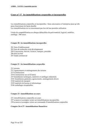 ANBDD NANTES Comptabilité générale
Page 56 sur 265
Cours n° 17 les immobilisations corporelles et incorporelles
Les immobilisations corporelles et incorporelles : biens nécessaires à l’entreprise pour qu’elle
puise fonctionner de façon durable
Les immobilisations ne se consomment pas lors de leur première utilisation
Limite de comptabilisation en charges déductibles du petit matériel, logiciel, mobilier,
outillage : 500 euros
Compte 20 : les immobilisations incorporelles
201 frais d’établissement
203 frais de recherche et de développement
205 Concessions, brevets, licences, marques, procédés
206 droit au bail
207 fonds commercial
Compte 21 : les immobilisations corporelles
211 terrains
212 Agencements et aménagements des terrains
213 Constructions
214 Constructions sur sol d’autrui
215 Installations techniques, matériels et outillages industriels
2181 Installations générales, agencements, aménagements divers
2182 matériel de transport
2183 matériels de bureau et informatique
2186 emballages récupérables
Compte 23 : immobilisations en cours
231 immobilisations corporelles en cours
237 avances et acomptes versés sur immobilisations incorporelles
238 avances et acomptes versés sur commande d’immobilisations corporelles
Comptes 26 et 27 : immobilisations financières
 
