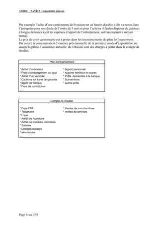 ANBDD NANTES Comptabilité générale
Page 6 sur 265
Par exemple l’achat d’une camionnette de livraison est un besoin durable (elle va rester dans
l’entreprise pour une durée de l’ordre de 5 ans) et pour l’acheter il faudra disposer de capitaux
à longue échéance (soit les capitaux d’apport de l’entrepreneur, soit un emprunt à moyen
terme).
Le prix de cette camionnette est à porter dans les investissements du plan de financement.
Par contre la consommation d’essence prévisionnelle de la première année d’exploitation ou
encore la prime d’assurance annuelle du véhicule sont des charges à porter dans le compte de
résultat.
Plan de financement
* Achat d'ordinateur * Apport personnel
* Frais d'aménagement du local * Apports familiaux et autres
* Achat d'un véhicule * Prêts demandés à la banque
* Cautions sur loyer de garantie * Subventions
* dépôt de marque * autres prêts
* Frais de constitution
…
Compte de résultat
* Frais EDF * Ventes de marchandises
* Téléphone * ventes de services
* Loyer
* Achat de fourniture
* Achat de matières premières
* Salaires
* Charges sociales
* assurances
…
 
