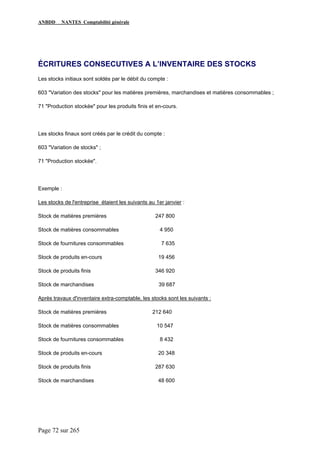 ANBDD NANTES Comptabilité générale
Page 72 sur 265
ÉCRITURES CONSECUTIVES A L’INVENTAIRE DES STOCKS
Les stocks initiaux sont soldés par le débit du compte :
603 "Variation des stocks" pour les matières premières, marchandises et matières consommables ;
71 "Production stockée" pour les produits finis et en-cours.
Les stocks finaux sont créés par le crédit du compte :
603 "Variation de stocks" ;
71 "Production stockée".
Exemple :
Les stocks de l'entreprise étaient les suivants au 1er janvier :
Stock de matières premières 247 800
Stock de matières consommables 4 950
Stock de fournitures consommables 7 635
Stock de produits en-cours 19 456
Stock de produits finis 346 920
Stock de marchandises 39 687
Après travaux d'inventaire extra-comptable, les stocks sont les suivants :
Stock de matières premières 212 640
Stock de matières consommables 10 547
Stock de fournitures consommables 8 432
Stock de produits en-cours 20 348
Stock de produits finis 287 630
Stock de marchandises 48 600
 