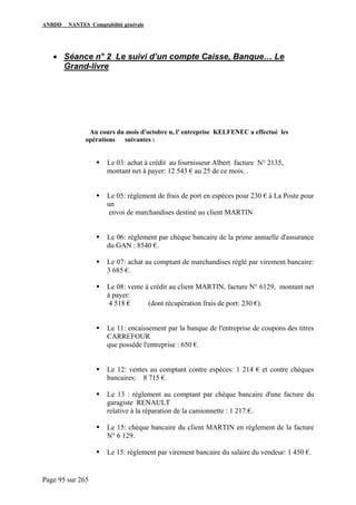 ANBDD NANTES Comptabilité générale
Page 95 sur 265
• Séance n° 2 Le suivi d’un compte Caisse, Banque… Le
Grand-livre
Au cours du mois d'octobre n, l' entreprise KELFENEC a effectué les
opérations suivantes :
Le 03: achat à crédit au fournisseur Albert facture N° 2135,
montant net à payer: 12 543 € au 25 de ce mois. .
Le 05: règlement de frais de port en espèces pour 230 € à La Poste pour
un
envoi de marchandises destiné au client MARTIN
Le 06: règlement par chèque bancaire de la prime annuelle d'assurance
du GAN : 8540 €.
Le 07: achat au comptant de marchandises réglé par virement bancaire:
3 685 €.
Le 08: vente à crédit au client MARTIN, facture N° 6129, montant net
à payer:
4 518 € (dont récupération frais de port: 230 €).
Le 11: encaissement par la banque de l'entreprise de coupons des titres
CARREFOUR
que possède l'entreprise : 650 €.
Le 12: ventes au comptant contre espèces: 1 214 € et contre chèques
bancaires: 8 715 €.
Le 13 : règlement au comptant par chèque bancaire d'une facture du
garagiste RENAULT
relative à la réparation de la camionnette : 1 217:€.
Le 15: chèque bancaire du client MARTIN en règlement de la facture
N° 6 129.
Le 15: règlement par virement bancaire du salaire du vendeur: 1 450 €.
 