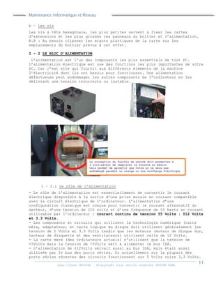 Maintenance Informatique et Réseau
Jean Claver MOUTOH ©Copyright tous droits réservés GROUPE BOWL
b – Les vis
Les vis à tête hexagonale, les plus petites servent à fixer les cartes
d’extensions et les plus grosses les panneaux du boîtier et l’alimentation.
N.B : Au besoin clipsser les ergots plastiques de la carte sur les
emplacements du boîtier prévus à cet effet.
I – 2 LE BLOC D’ALIMENTATION
L’alimentation est l’un des composants les plus essentiels de tout PC.
L’alimentation électrique est une des fonctions les plus importantes de votre
PC. Car c’est elle qui fournit aux différents éléments de la machine
l’électricité dont ils ont besoin pour fonctionner. Une alimentation
défectueuse peut endommager les autres composants de l’ordinateur en les
délivrant une tension incorrecte ou instable.
I – 2.1 Le rôle de l’alimentation
- Le rôle de l’alimentation est essentiellement de convertir le courant
électrique disponible à la sortie d’une prise murale en courant compatible
avec le circuit électrique de l’ordinateur. L’alimentation d’une
configuration classique est conçue pour convertir le courant alternatif du
secteur, d’une tension de 220 volts et d’une fréquence de 50 hertz en courant
utilisable par l’ordinateur : courant continu de tension ±5 Volts ; ±12 Volts
et 3.3 Volts.
- Les composants et circuits qui utilisent la technologie numérique (carte
mère, adaptateur, et carte logique du disque dur) utilisent généralement les
tension de 5 Volts et 3.3 Volts tandis que les moteurs (moteur de disque dur,
lecteur de disquette et des ventilateurs) utilisent celle de 12 Volts.
- La carte mère (des ordinateurs actuels) n’utilisent que la tension de
+5Volts mais la tension de -5Volts sert à alimenter le bus ISA.
- L’alimentation de ±12Volts servait aussi au bus ISA, mais était aussi
utilisée par le bus des ports séries. Or actuellement sur la plupart des
ports séries récentes des circuits fonctionnent sur 5 Volts voire 3.3 Volts.
La conception du fusible de sûreté doit permettre à
l’utilisateur de remplacer le fusible au besoin
Cela permet de garantir que votre pc ne sera pas
endommagé pendant un orange ou une surcharge électrique
 