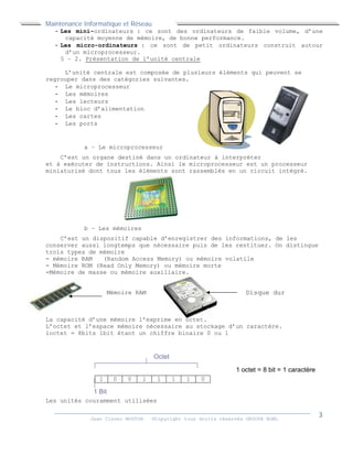 Maintenance Informatique et Réseau
Jean Claver MOUTOH ©Copyright tous droits réservés GROUPE BOWL
- Les mini-ordinateurs : ce sont des ordinateurs de faible volume, d’une
capacité moyenne de mémoire, de bonne performance.
- Les micro-ordinateurs : ce sont de petit ordinateurs construit autour
d’un microprocesseur.
5 – 2. Présentation de l’unité centrale
L’unité centrale est composée de plusieurs éléments qui peuvent se
regrouper dans des catégories suivantes.
- Le microprocesseur
- Les mémoires
- Les lecteurs
- Le bloc d’alimentation
- Les cartes
- Les ports
a – Le microprocesseur
C’est un organe destiné dans un ordinateur à interpréter
et à exécuter de instructions. Ainsi le microprocesseur est un processeur
miniaturisé dont tous les éléments sont rassemblés en un circuit intégré.
b – Les mémoires
C’est un dispositif capable d’enregistrer des informations, de les
conserver aussi longtemps que nécessaire puis de les restituer. On distingue
trois types de mémoire
- mémoire RAM (Random Access Memory) ou mémoire volatile
- Mémoire ROM (Read Only Memory) ou mémoire morte
-Mémoire de masse ou mémoire auxiliaire.
Mémoire RAM
La capacité d’une mémoire l’exprime en octet.
L’octet et l’espace mémoire nécessaire au stockage d’un caractère.
1octet = 8bits 1bit étant un chiffre binaire 0 ou 1
Les unités couramment utilisées
1 0 0 1 1 1 1 0
Octet
1 Bit
1 octet = 8 bit = 1 caractère
Disque dur
 