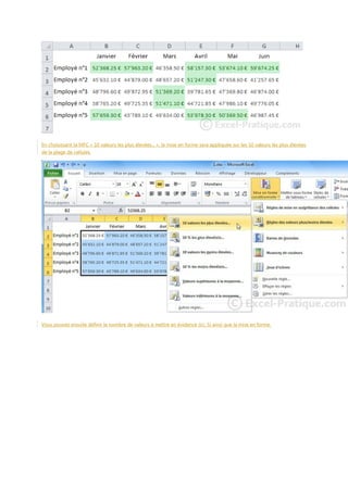En choisissant la MFC « 10 valeurs les plus élevées... », la mise en forme sera appliquée sur les 10 valeurs les plus élevées
de la plage de cellules.

Vous pouvez ensuite définir le nombre de valeurs à mettre en évidence (ici, 5) ainsi que la mise en forme.

 