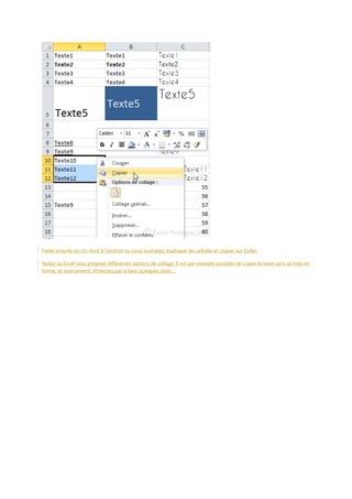 Faites ensuite un clic droit à l’endroit ou vous souhaitez dupliquer les cellules et cliquer sur Coller.
Notez qu'Excel vous propose différentes options de collage. Il est par exemple possible de copier le texte sans sa mise en
forme, et inversément. N'hésitez pas à faire quelques tests ...

 