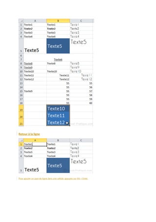 Retour à la ligne

Pour ajouter un saut de ligne dans une cellule, appuyez sur Alt + Enter.

 