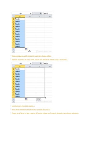 Vous remarquerez que le texte a été copié dans chaque cellule.
Replacez le pointeur en bas à droite, cliquez sans relâcher et avancez jusqu’à la colonne C.

Les cellules ont encore été copiées ...
Nous allons maintenant annuler tout ce qui a été fait jusqu’ici.
Cliquez sur la flèche en haut à gauche (à l'endroit indiqué sur l'image ci-dessous) et annulez ces opérations.

 
