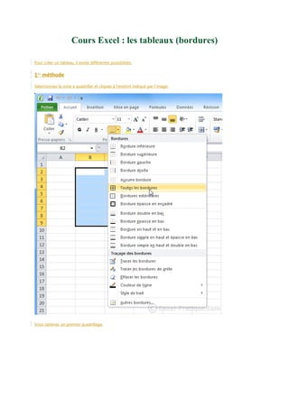 Cours Excel : les tableaux (bordures)
Pour créer un tableau, il existe différentes possibilités.

1ère méthode
Sélectionnez la zone à quadriller et cliquez à l’endroit indiqué par l’image.

Vous obtenez un premier quadrillage.

 