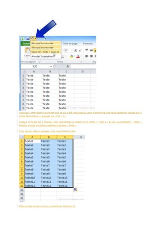 Remarque : cette action va annuler tout ce qui a été créé jusqu’ici, pour n’annuler qu’une seule opération, cliquez sur la
petite flèche bleue ou appuyez sur « Ctrl + z ».
Puisque la feuille est à nouveau vide, sélectionnez la cellule A1 et entrez « Texte 1 » au lieu du précédent « Texte ».
Répétez ensuite les mêmes opérations qu’avec « Texte ».
Vous devriez obtenir quelque chose ressemblant à cela :

Observez les numéros (nous y reviendrons à la leçon 5).

 