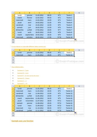Si vous désirez un intervalle différent, faites comme suit :

Vous obtenez alors :

•

Incrément A : 2 jours

•

Incrément B : 2 mois

•

Incrément C : les mois (au lieu des jours)

•

Incrément D : 2 heures

•

Incrément E : + 2

•

Incrément F : + 10

Exemple avec une fonction

 