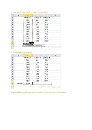 La cellule sélectionnée contient la somme des chiffres encadrés.

En procédant à la recopie suivante :

Vous obtenez 2 autres chiffres qui représentent la somme de leur colonne de chiffres respective :

 
