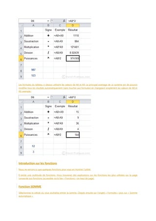 Les formules du tableau ci-dessus utilisent les valeurs de A8 et A9. Le principal avantage de ce système est de pouvoir
modifier tous les résultats automatiquement (sans toucher aux formules) en changeant simplement les valeurs de A8 et
A9, exemple :

Introduction sur les fonctions
Nous ne verrons ici que quelques fonctions pour vous en montrer l’utilité.
Il existe une multitude de fonctions. Vous trouverez des explications sur les fonctions les plus utilisées sur la page
consacrée aux fonctions (accessible via le lien « Fonctions » en haut de page).

Fonction SOMME
Sélectionnez la cellule où vous souhaitez entrer la somme. Cliquez ensuite sur l'onglet « Formules » puis sur « Somme
automatique ».

 