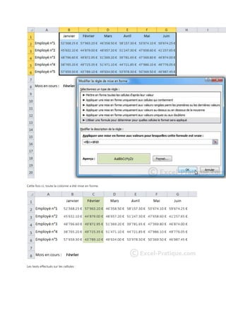 Cette fois-ci, toute la colonne a été mise en forme.

Les tests effectués sur les cellules :

 
