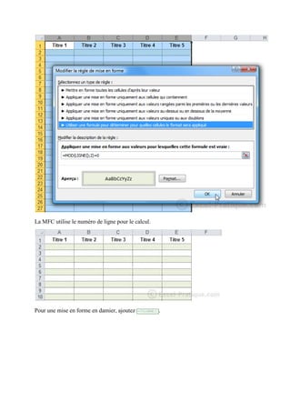La MFC utilise le numéro de ligne pour le calcul.

Pour une mise en forme en damier, ajoutez

+COLONNE()

.

 