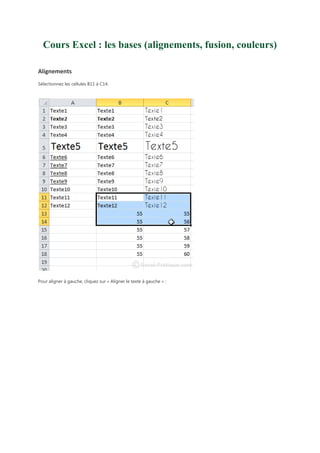 Cours Excel : les bases (alignements, fusion, couleurs)
Alignements
Sélectionnez les cellules B11 à C14.

Pour aligner à gauche, cliquez sur « Aligner le texte à gauche » :

 