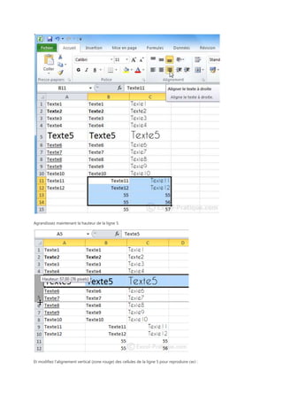 Agrandissez maintenant la hauteur de la ligne 5.

Et modifiez l'alignement vertical (zone rouge) des cellules de la ligne 5 pour reproduire ceci :

 