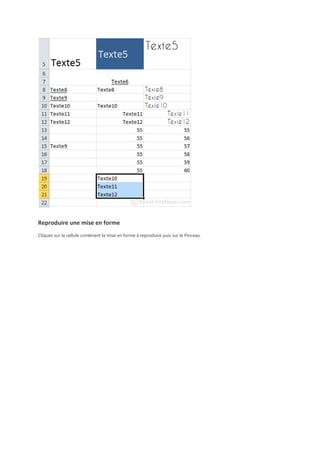 Reproduire une mise en forme
Cliquez sur la cellule contenant la mise en forme à reproduire puis sur le Pinceau.

 
