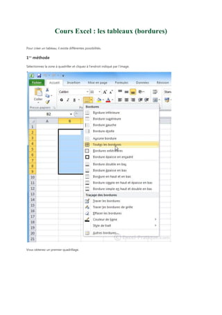 Cours Excel : les tableaux (bordures)
Pour créer un tableau, il existe différentes possibilités.

1ère méthode
Sélectionnez la zone à quadriller et cliquez à l’endroit indiqué par l’image.

Vous obtenez un premier quadrillage.

 