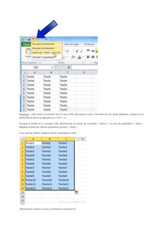 Remarque : cette action va annuler tout ce qui a été créé jusqu’ici, pour n’annuler qu’une seule opération, cliquez sur la
petite flèche bleue ou appuyez sur « Ctrl + z ».
Puisque la feuille est à nouveau vide, sélectionnez la cellule A1 et entrez « Texte 1 » au lieu du précédent « Texte ».
Répétez ensuite les mêmes opérations qu’avec « Texte ».
Vous devriez obtenir quelque chose ressemblant à cela :

Observez les numéros (nous y reviendrons à la leçon 5).

 