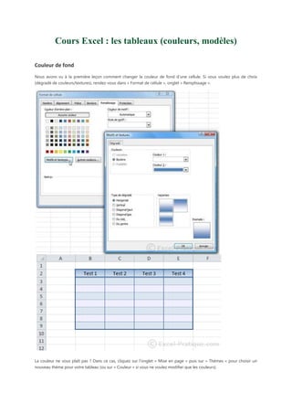 Cours Excel : les tableaux (couleurs, modèles)
Couleur de fond
Nous avons vu à la première leçon comment changer la couleur de fond d'une cellule. Si vous voulez plus de choix
(dégradé de couleurs/textures), rendez-vous dans « Format de cellule », onglet « Remplissage ».

La couleur ne vous plaît pas ? Dans ce cas, cliquez sur l'onglet « Mise en page » puis sur « Thèmes » pour choisir un
nouveau thème pour votre tableau (ou sur « Couleur » si vous ne voulez modifier que les couleurs).

 