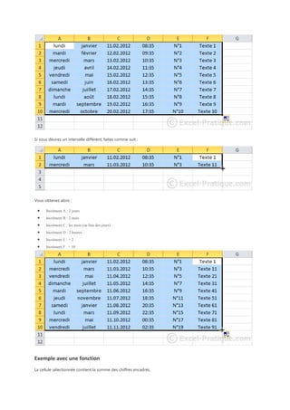 Si vous désirez un intervalle différent, faites comme suit :

Vous obtenez alors :
Incrément A : 2 jours
Incrément B : 2 mois
Incrément C : les mois (au lieu des jours)
Incrément D : 2 heures
Incrément E : + 2
Incrément F : + 10

Exemple avec une fonction
La cellule sélectionnée contient la somme des chiffres encadrés.

 