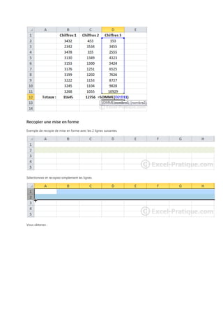 Recopier une mise en forme
Exemple de recopie de mise en forme avec les 2 lignes suivantes.

Sélectionnez et recopiez simplement les lignes.

Vous obtenez :

 