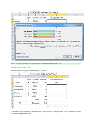 Remarque : si l'une des valeurs est du texte, il est nécessaire de la mettre entre guillemets (exemple : "Oui").

Un « Oui » est alors affiché en E2.
Maintenant faites une recopie incrémentée jusqu’à la cellule E6.

Le résultat est correct (les formules se sont adaptées : à chaque recopie d'une ligne vers le bas, le n° de ligne des cellules
de la formule a été augmenté de 1).

 