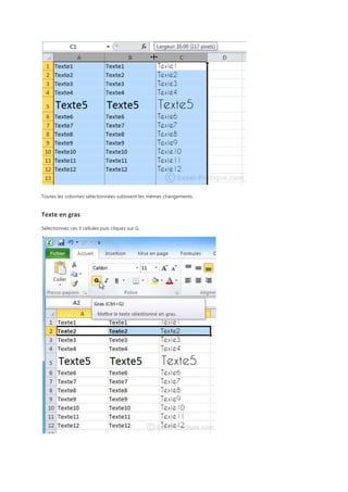 Toutes les colonnes sélectionnées subissent les mêmes changements.

Texte en gras
Sélectionnez ces 3 cellules puis cliquez sur G.

 