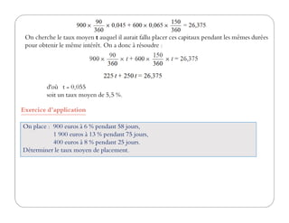 On cherche le taux moyen t auquel il aurait fallu placer ces capitaux pendant les mêmes durées
pour obtenir le même intérêt. On a donc à résoudre :
d'où t = 0,055
soit un taux moyen de 5,5 %.
Exercice d’applicationExercice d’application
On place : 900 euros à 6 % pendant 58 jours,
1 900 euros à 13 % pendant 75 jours,
400 euros à 8 % pendant 25 jours.
Déterminer le taux moyen de placement.
 