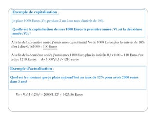 Exemple de capitalisation :
Je place 1000 Euros (V0) pendant 2 ans à un taux d'intérêt de 10%.
Quelle est la capitalisation de mes 1000 Euros la première année (V1) et la deuxième
année (V2) ?
A la fin de la première année j'aurais mon capital initial V0 de 1000 Euros plus les intérêt de 10%
c'est à dire 0,1x1000 = 100 Euros
A la fin de la deuxième année j'aurais mes 1100 Euro plus les intérêts 0,1x1100 = 110 Euro c'est
à dire 1210 Euros: A= 1000*(1,1)²=1210 euros
Exemple d'actualisation :
Quel est le montant que je place aujourd'hui au taux de 12% pour avoir 2000 euros
dans 3 ans?
à dire 1210 Euros: A= 1000*(1,1)²=1210 euros
V0 = V3/(1+12%)3 = 2000/1,123 = 1423,56 Euros
 