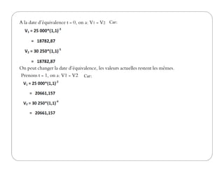 On peut changer la date d’équivalence, les valeurs actuelles restent les mêmes.
Prenons t = 1, on a: V1 = V2
A la date d’équivalence t = 0, on a: V1 = V2 Car:
Car:
 