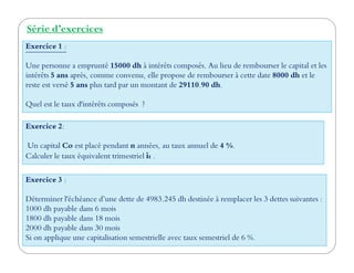 Exercice 1 :
Une personne a emprunté 15000 dh à intérêts composés. Au lieu de rembourser le capital et les
intérêts 5 ans après, comme convenu, elle propose de rembourser à cette date 8000 dh et le
reste est versé 5 ans plus tard par un montant de 29110.90 dh.
Quel est le taux d'intérêts composés ?
Série d’exercices
Exercice 2:
Un capital Co est placé pendant n années, au taux annuel de 4 %.
Calculer le taux équivalent trimestriel it .
Exercice 3 :
Déterminer l'échéance d’une dette de 4983.245 dh destinée à remplacer les 3 dettes suivantes :
1000 dh payable dans 6 mois
1800 dh payable dans 18 mois
2000 dh payable dans 30 mois
Si on applique une capitalisation semestrielle avec taux semestriel de 6 %.
 