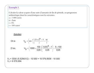 Exemple 1:
Calculer la valeur acquise d’une suite d’annuités de fin de période, en progression
arithmétique dont les caractéristiques sont les suivantes:
a = 1 000 euros
n = 5ans
i = 5%
r = 100 euros
 