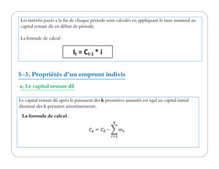 Les intérêts payés a la fin de chaque période sont calculés en appliquant le taux nominal au
capital restant dû en début de période.
La formule de calcul :
5-3) Propriétés d’un emprunt indivis
a) Le capital restant dûa) Le capital restant dû
La formule de calcul :
Le capital restant dû après le paiement des k premières annuités est égal au capital initial
diminué des k premiers amortissements.
 