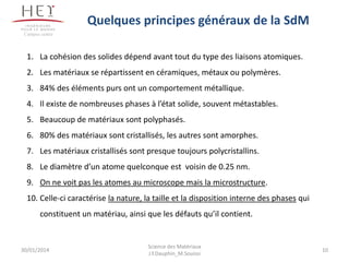 30/01/2014
1. La cohésion des solides dépend avant tout du type des liaisons atomiques.
2. Les matériaux se répartissent en céramiques, métaux ou polymères.
3. 84% des éléments purs ont un comportement métallique.
4. Il existe de nombreuses phases à l’état solide, souvent métastables.
5. Beaucoup de matériaux sont polyphasés.
6. 80% des matériaux sont cristallisés, les autres sont amorphes.
7. Les matériaux cristallisés sont presque toujours polycristallins.
8. Le diamètre d’un atome quelconque est voisin de 0.25 nm.
9. On ne voit pas les atomes au microscope mais la microstructure.
10. Celle-ci caractérise la nature, la taille et la disposition interne des phases qui
constituent un matériau, ainsi que les défauts qu’il contient.
Quelques principes généraux de la SdM
Campus centre
10
Science des Matériaux
J.Y.Dauphin_M.Souissi
 