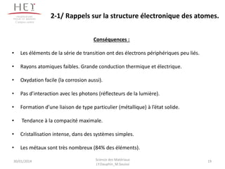 Conséquences :
• Les éléments de la série de transition ont des électrons périphériques peu liés.
• Rayons atomiques faibles. Grande conduction thermique et électrique.
• Oxydation facile (la corrosion aussi).
• Pas d’interaction avec les photons (réflecteurs de la lumière).
• Formation d’une liaison de type particulier (métallique) à l’état solide.
• Tendance à la compacité maximale.
• Cristallisation intense, dans des systèmes simples.
• Les métaux sont très nombreux (84% des éléments).
2-1/ Rappels sur la structure électronique des atomes.
30/01/2014 19Science des Matériaux
J.Y.Dauphin_M.Souissi
Campus centre
 
