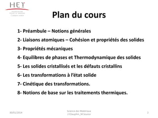 Plan du cours
30/01/2014
Campus centre
1- Préambule – Notions générales
2- Liaisons atomiques – Cohésion et propriétés des solides
3- Propriétés mécaniques
4- Equilibres de phases et Thermodynamique des solides
5- Les solides cristallisés et les défauts cristallins
6- Les transformations à l’état solide
7- Cinétique des transformations.
8- Notions de base sur les traitements thermiques.
2
Science des Matériaux
J.Y.Dauphin_M.Souissi
 