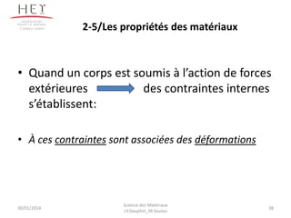 • Quand un corps est soumis à l’action de forces
extérieures des contraintes internes
s’établissent:
• À ces contraintes sont associées des déformations
30/01/2014
Campus centre
38
Science des Matériaux
J.Y.Dauphin_M.Souissi
2-5/Les propriétés des matériaux
 