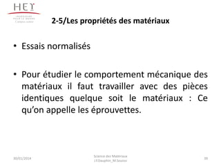 • Essais normalisés
• Pour étudier le comportement mécanique des
matériaux il faut travailler avec des pièces
identiques quelque soit le matériaux : Ce
qu’on appelle les éprouvettes.
30/01/2014
Campus centre
39
Science des Matériaux
J.Y.Dauphin_M.Souissi
2-5/Les propriétés des matériaux
 