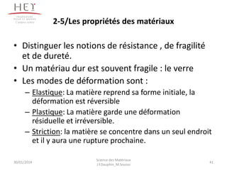 • Distinguer les notions de résistance , de fragilité
et de dureté.
• Un matériau dur est souvent fragile : le verre
• Les modes de déformation sont :
– Elastique: La matière reprend sa forme initiale, la
déformation est réversible
– Plastique: La matière garde une déformation
résiduelle et irréversible.
– Striction: la matière se concentre dans un seul endroit
et il y aura une rupture prochaine.
30/01/2014
Campus centre
41
Science des Matériaux
J.Y.Dauphin_M.Souissi
2-5/Les propriétés des matériaux
 