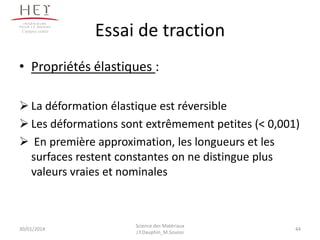 Essai de traction
• Propriétés élastiques :
 La déformation élastique est réversible
 Les déformations sont extrêmement petites (< 0,001)
 En première approximation, les longueurs et les
surfaces restent constantes on ne distingue plus
valeurs vraies et nominales
30/01/2014
Campus centre
44
Science des Matériaux
J.Y.Dauphin_M.Souissi
 