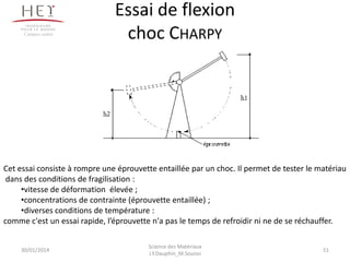 Essai de flexion
choc CHARPY
30/01/2014
Campus centre
Cet essai consiste à rompre une éprouvette entaillée par un choc. Il permet de tester le matériau
dans des conditions de fragilisation :
•vitesse de déformation élevée ;
•concentrations de contrainte (éprouvette entaillée) ;
•diverses conditions de température :
comme c'est un essai rapide, l’éprouvette n'a pas le temps de refroidir ni ne de se réchauffer.
51
Science des Matériaux
J.Y.Dauphin_M.Souissi
 